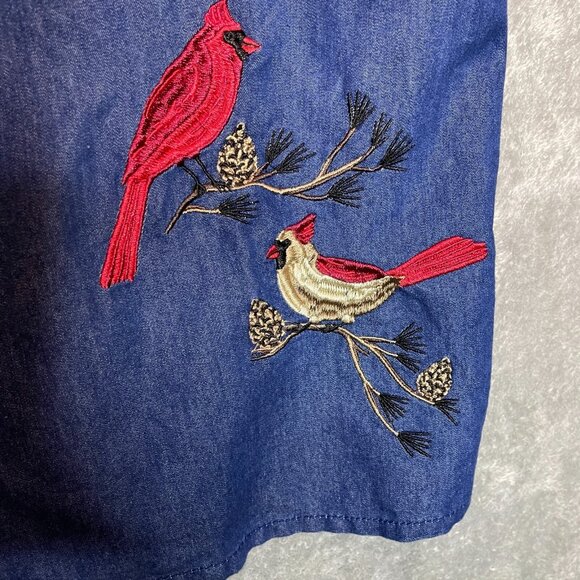 Blair Women Embroidered Bird Cardinal Blue Chambray Roll Tab Collared Shirt XL - Picture 6 of 11